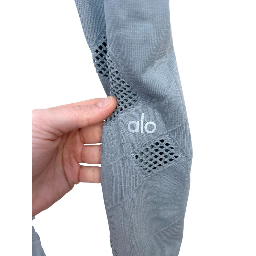 Alo Yoga Blue Grey Seamless High Waist Interlace Mesh‎ Ribbed Leggings Medium